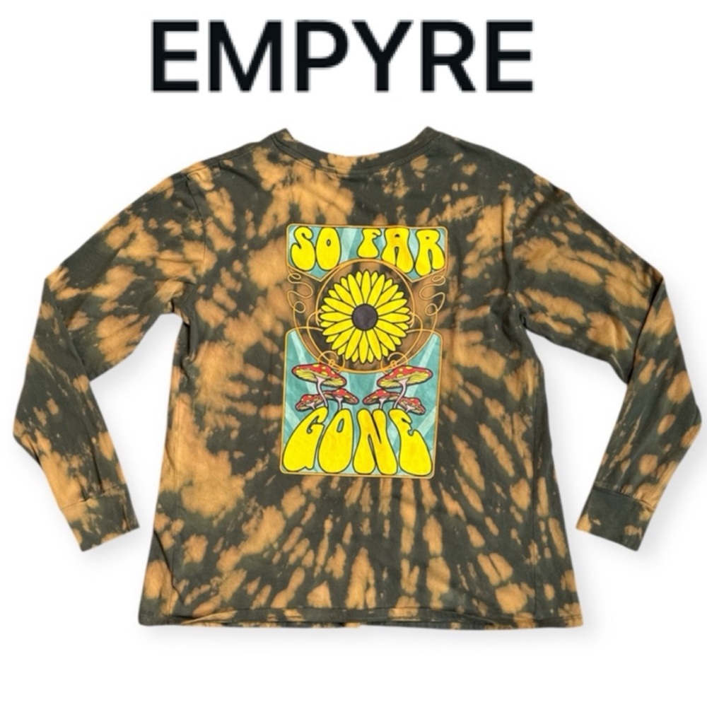 EMPYRE TAN AND BROWN TIEDYE SO FAR GONE EMBROIDERED MUSHROOM LONG SLEEVE TSHIRT